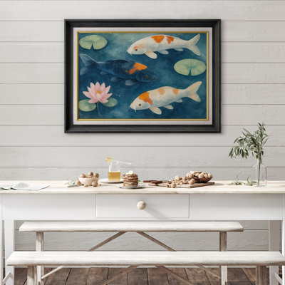 Œuvre encadrée de qualité supérieure - reproduction de poisson Koi rétro pour décor de salon - 26 po x 36 po