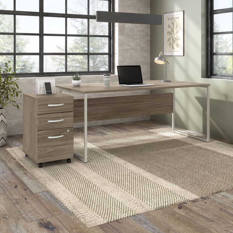 Desk And 3 Drawer Mobile Pedestal, Light Brown, 29.91" H x 71.02" W x 29.37" D