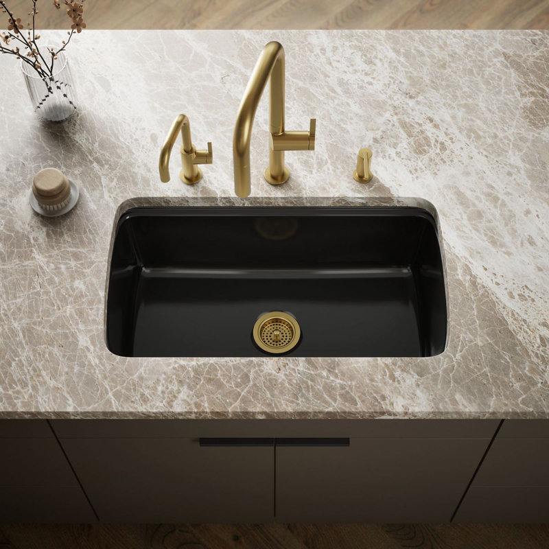 Cape Dory® 33" L x 22" W x 9-5/8" Under-Mount Single-Bowl Kitchen Sink with 5 Oversize Faucet Holes, Caviar
