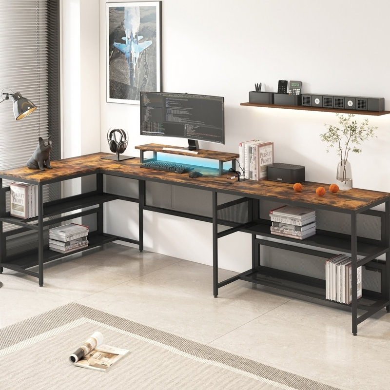 U-Shaped Desk With Shelve And LED Lights, Brown/Black