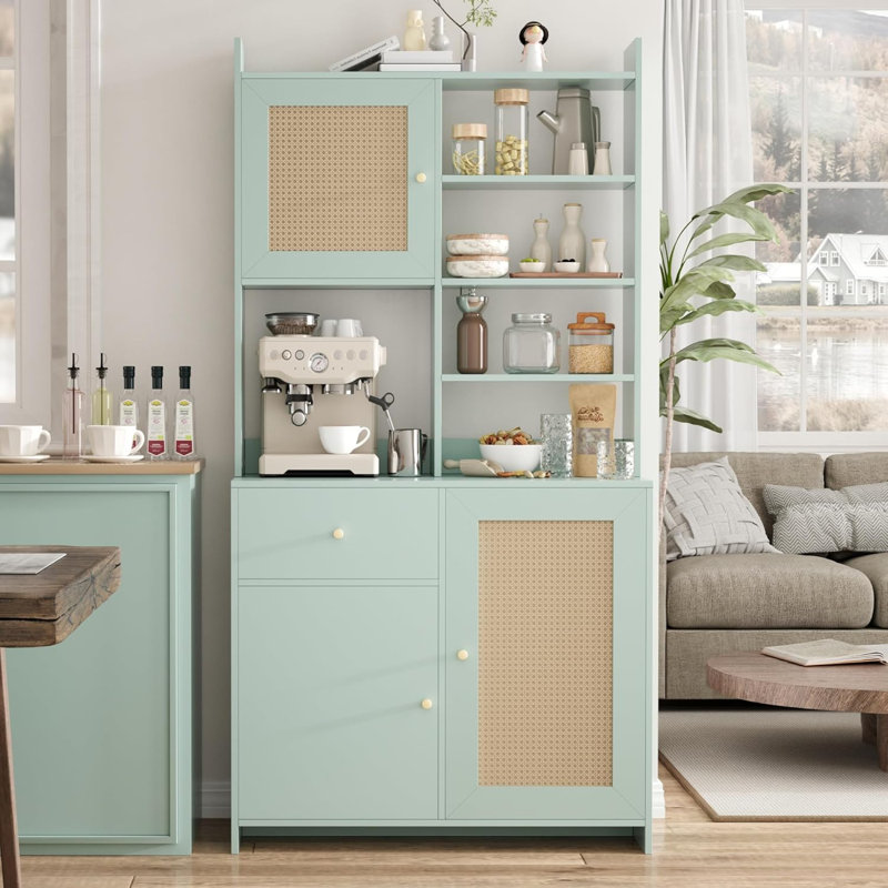 Garde-manger 71 po vert avec 3 portes en rotin, tiroir et tablettes réglables, Green