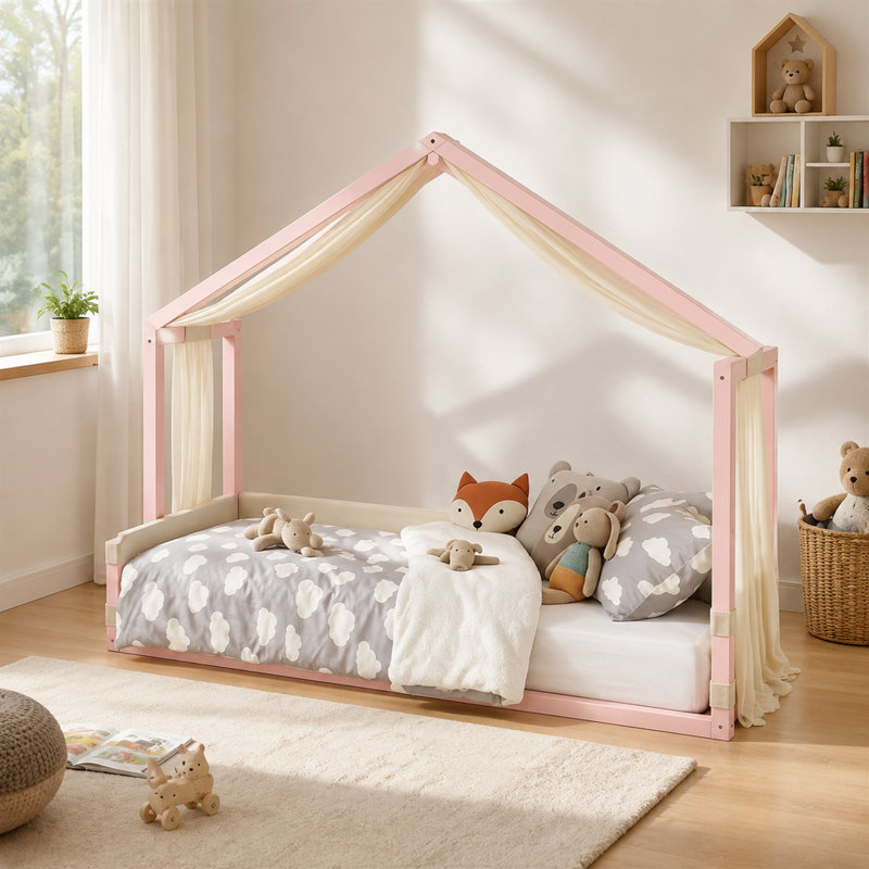 Lit à baldaquin rose une place avec panneaux latéraux en velours capitonné, baldaquin en gaze respirant, cadre de lit rembourré, lit moderne facile à monter pour chambre, chambre d'amis ou appartement