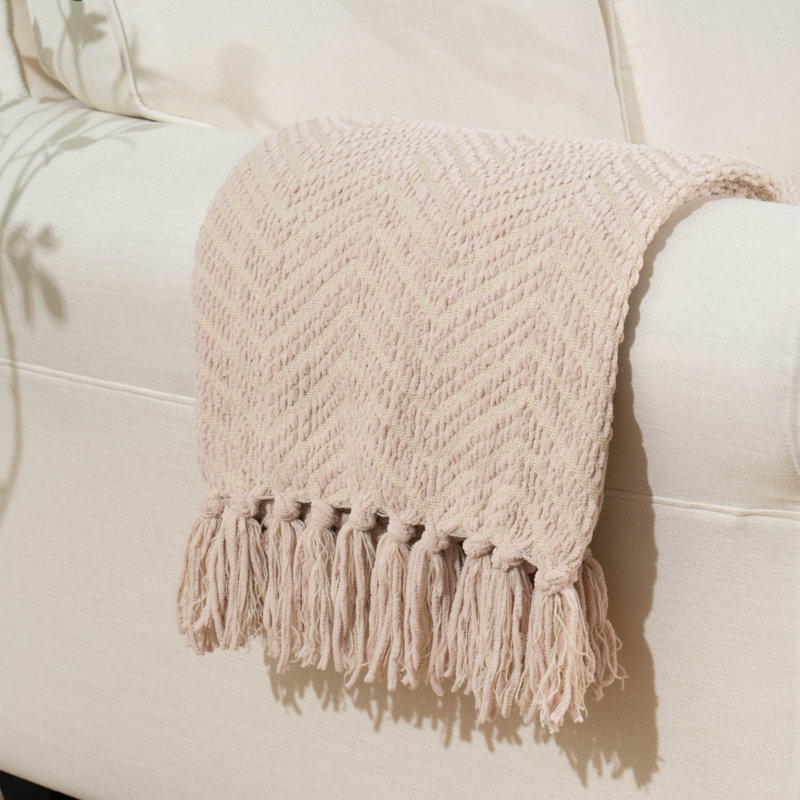 Beige Chunky Knit Chenille Throw Blanket with Tassels