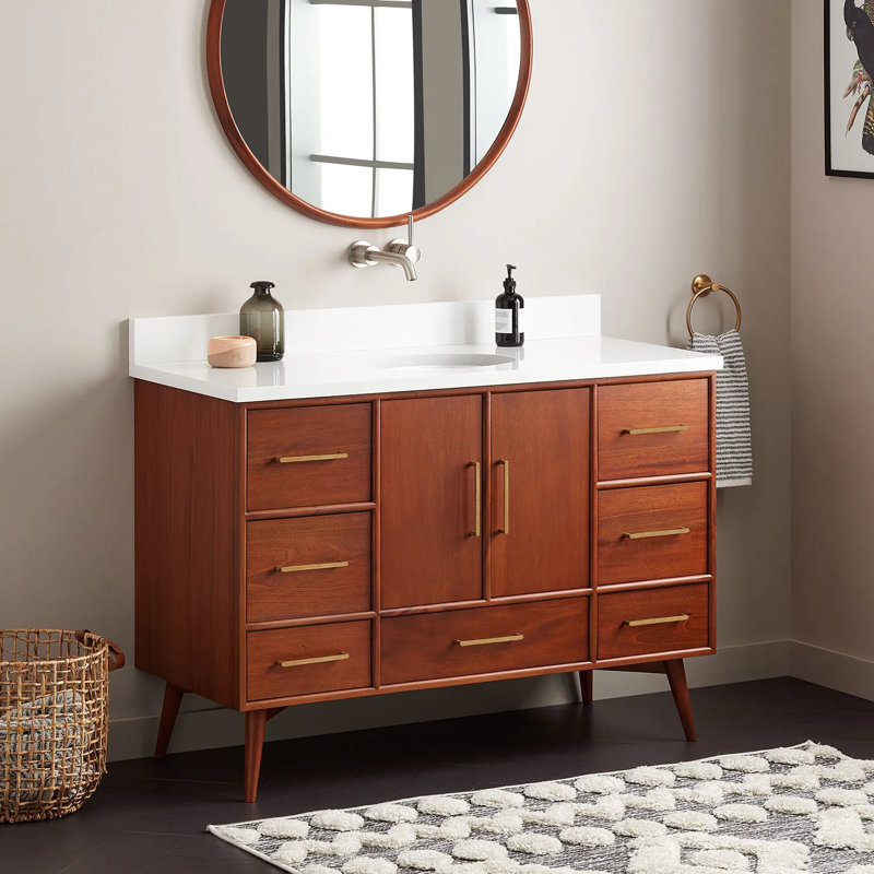 48" Novak Single Bathroom Vanity Set with Oval Undermount Sink, Arctic White Quartz, Natural Teak, 8" Widespread