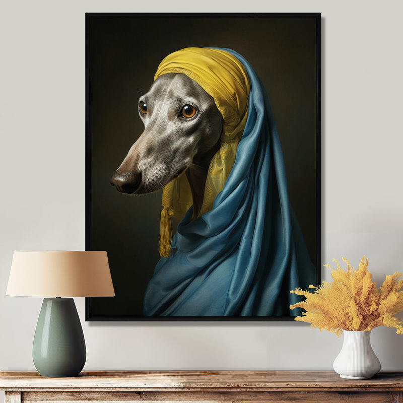 Élégant Portrait de lévrier - salon d'art mural chien, H 20 po x l 12 po x P 1 po, Toile avec cadre noir