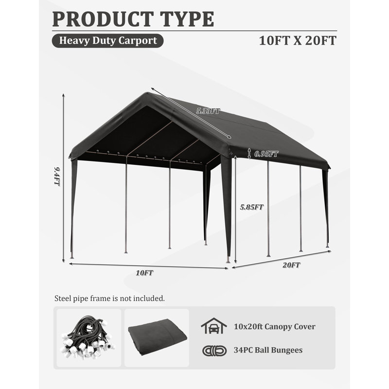 Carport Canopy Replacement Cover With Ball Bungees (Frame Is Not Included), Black, 112.8" H x 120" W x 240" D