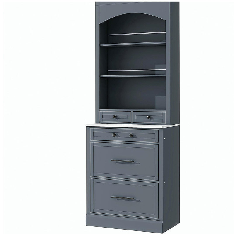 [Assembly Video Provided] TOPMAX Modern 83.7inch High Kitchen Pantry, Freestanding Tall Kitchen Hutch with Faux Marble Top, Display Cupboard Cabinet with 5 Storage Drawers and Adjustable Shelf, Gray