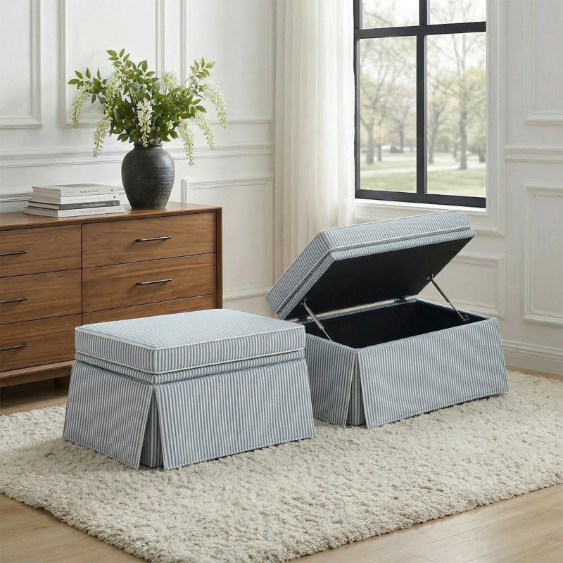 Upholstered Blue Striped Skirted Rectangular Storage Ottoman with Lift-Top (Set of 2), Pinstripe Blue Cotton Blend