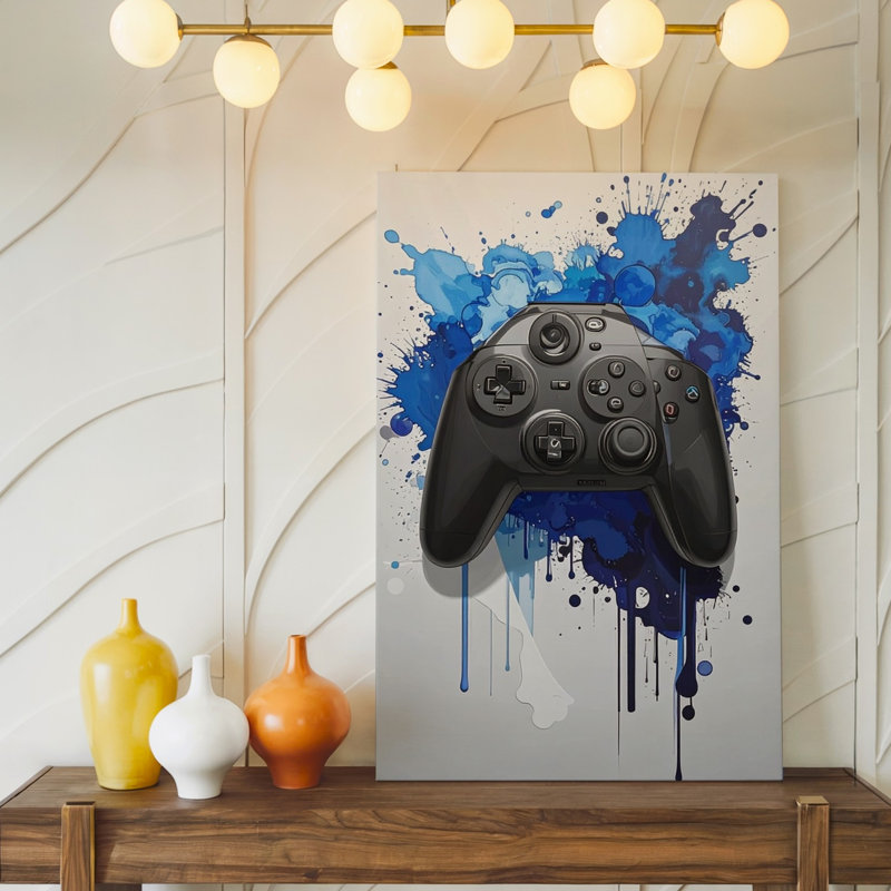 Manette de jeu bleue avec éclaboussure bleue et aquarelle, H 9 po x l 12 po