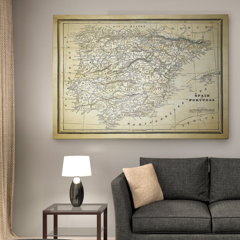 Espagne, croquis de carte II, impression sur toile, H 30 po x l 40 po x P 1,5 po, Noir / Jaune