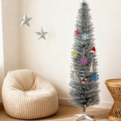 7 Foot White Slim Pencil Shaped Artificial Christmas Tree with 499 Lush Realistic Branch Tips Flame Retardant Plastic Sectioned Easy Assembly Detachab