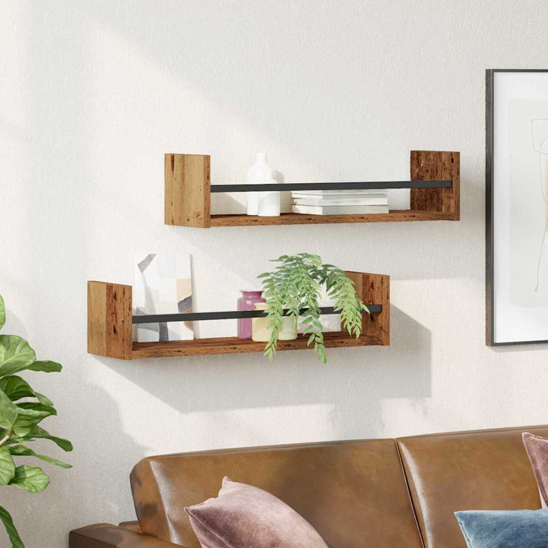 Wall Shelf 2 Pcs Engineered Wood, Old Wood, 14cm H x 60cm W x 16cm D