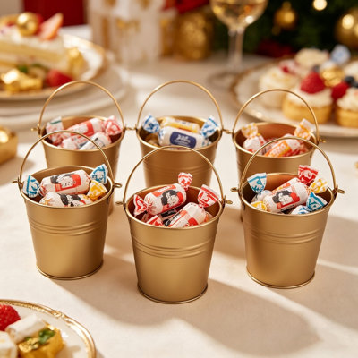 Hosley Gold Metal Buckets – Set of 6 (4” Dia x 3.6” H) Mini Pails for Plants, Candles, Party Favours, Rustic Home Décor & Storage Organizer