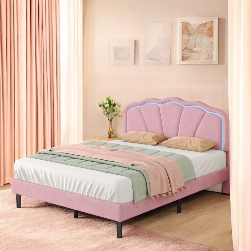 Upholstered Bed Pink Velvet With LED Adjustable Shell Shape Headboard (No Mattress), Double (4'6), Pink