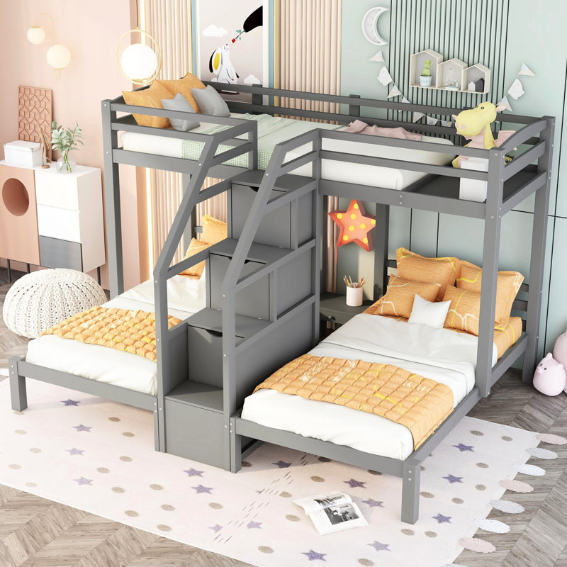 Lit simple au-dessus et superposé gris avec escalier et support - crée un espace de rangement pratique
