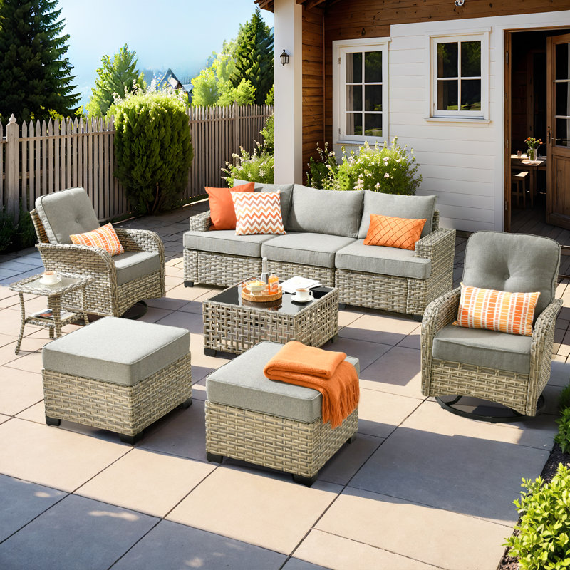 Tommy Outdoor Wicker 5 Person Seating Group With Cushions And Ottomans, Gray