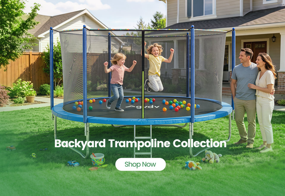 Two children jump on a blue backyard trampoline filled with colorful balls while their parents watch from the lawn. Backyard Trampoline Collection, Shop Now.