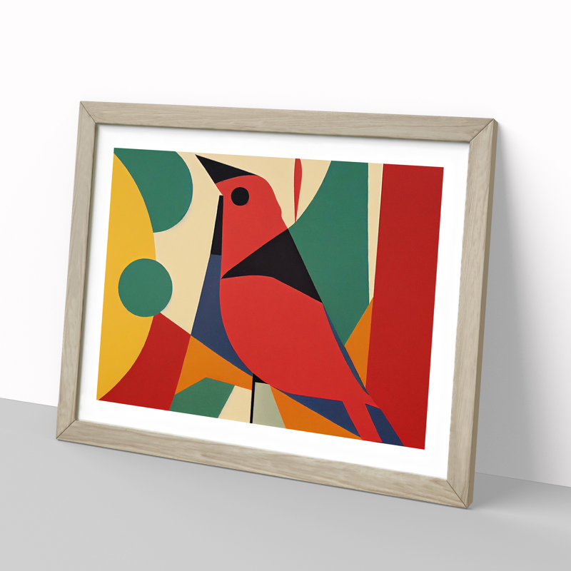 Cardinal Bird Abstract Vol.1 - Single Picture Frame Print, Oak, 46cm H x 64cm W x 2cm D
