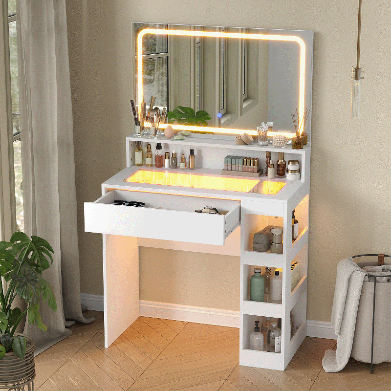 Vanity Desk with Illuminated Mirror & Power Outlet, Bedroom Dresser LED Mirror Stepless Dimmable & 3 Color Modes Adjustable, LED Tempered Glass Top, Large-Capacity Storage Shelving, White