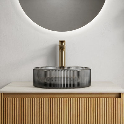 SONNY 14'' Bathroom Round Crystal Glass Sink without Faucet, Transparent Black