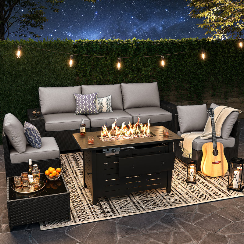 7-pieces Patio Conversation Set With Wide Armrests And Fire Pit Table,outdoor Rattan Seating Group, Black, Gray