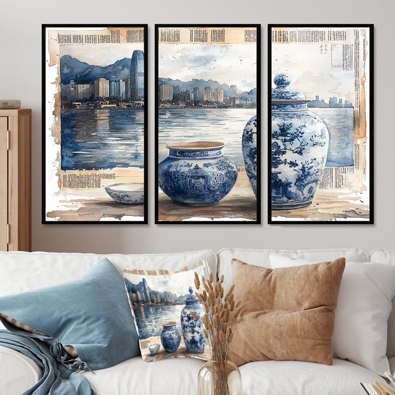 Ensemble de salon de poterie chinoiserie en tons de bleu et blanc I - Boho Pottery, Toile avec cadre flottant noir