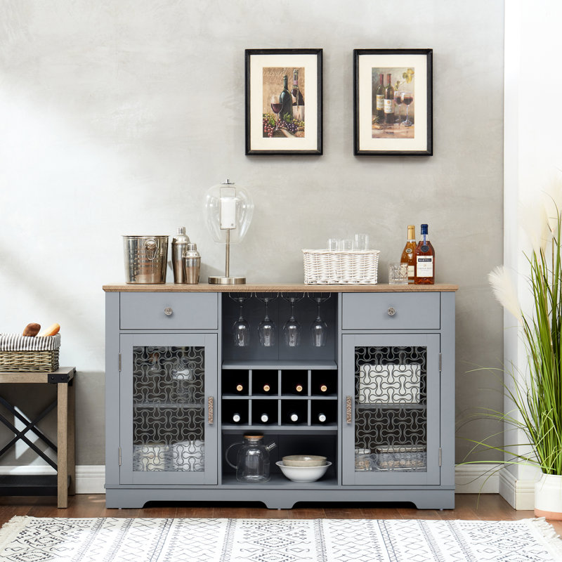 Buffet bleu et chêne avec rangement pour le vin de l'entrée, 2 tiroirs, pour la cuisine, le buffet moderne de la salle à manger, le support, les armoires à porte vitrée, la cuisine,