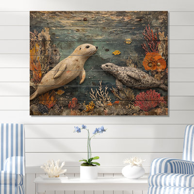 Playing Seals Into A Coral Landscape I - Seal Wood Wall Art - On Natural Pine Wood