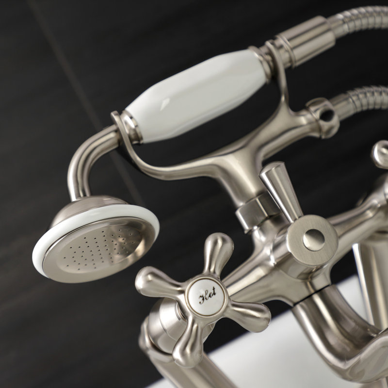 Kingston Brass Kingston Three-Handle 2-Hole Tub Wall Mount Clawfoot Tub Faucet with Handshower, Brushed Nickel