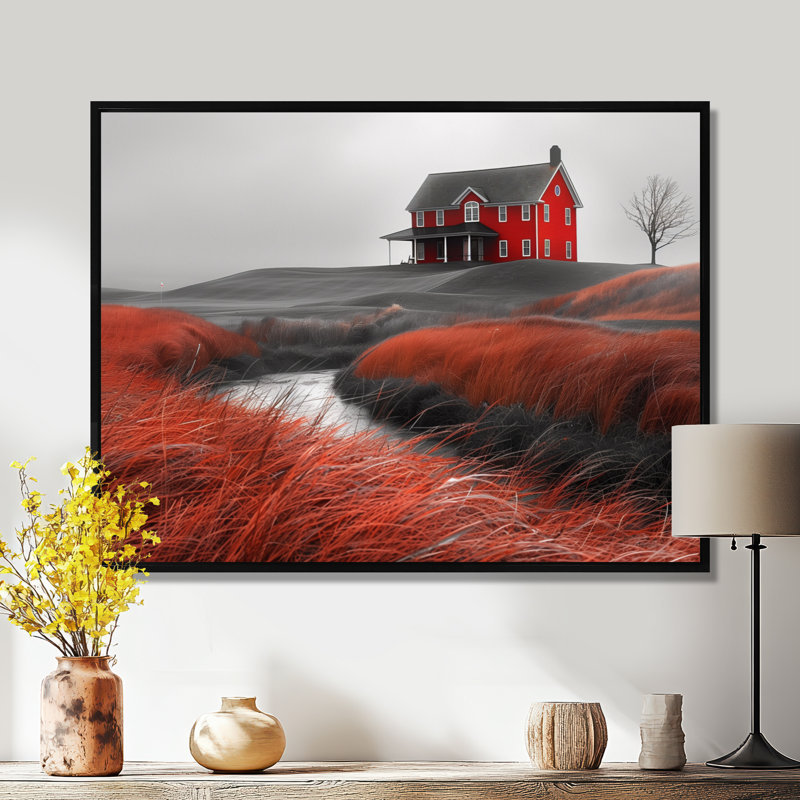 Rouge, rouge, automne, maison de campagne charmante I - art mural grange, Toile avec cadre flottant noir