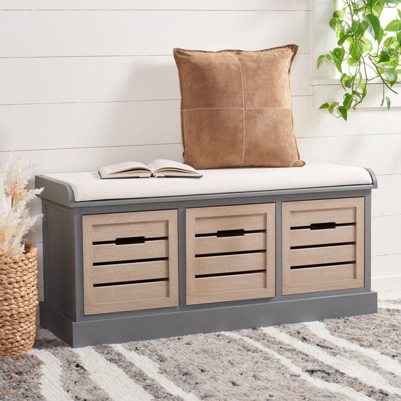 South Ferry Linen Upholstered Storage Bench, Distressed Grey Frame / Sand Drawers