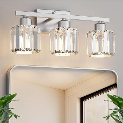 3-Light Bathroom Vanity Light Fixture, Brushed Nickel Wall Sconce With Crystal Glass Shades For Mirror, Kitchen, Living Room, E26 Base (Bulbs Not Included)