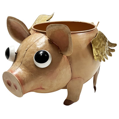 Gilmanton Metal Flying Pig Statue Planter with Gold Wings