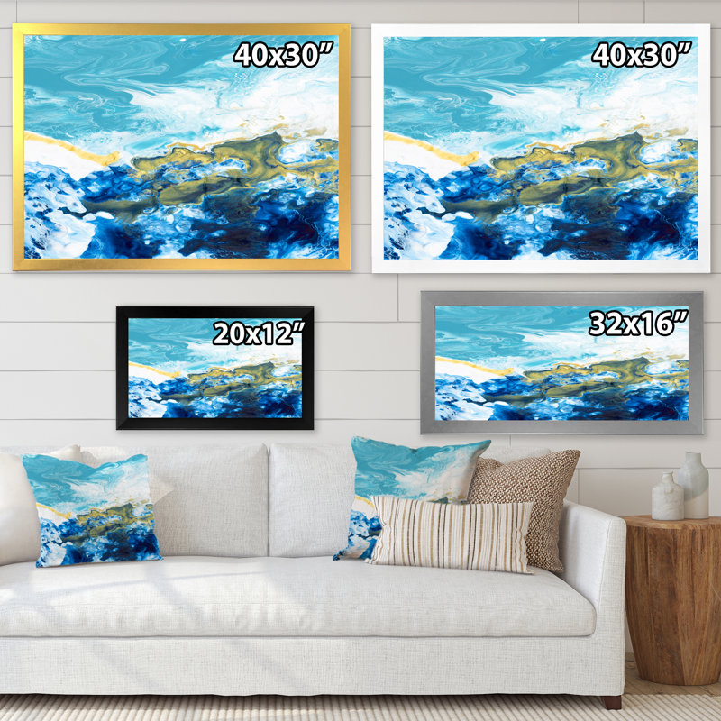 «Blue and White Liquide Waves IV», peinture sur toile, H 16 po x l 32 po x P 1 po, Cadre doré