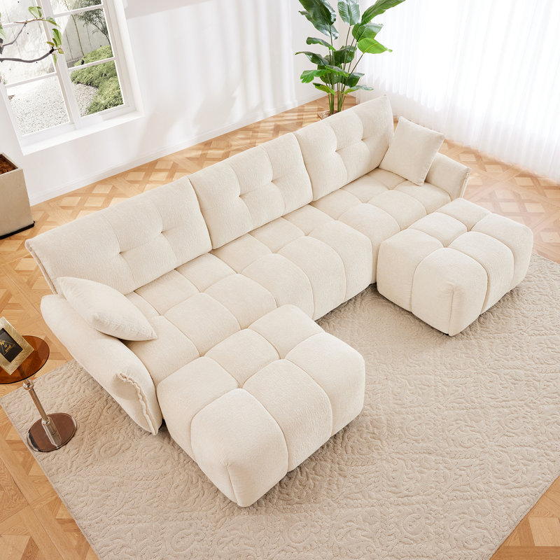 Ensemble de canapé 3 places avec repose-pieds et coussins décoratifs, structure robuste en bois massif, 3, Blanc