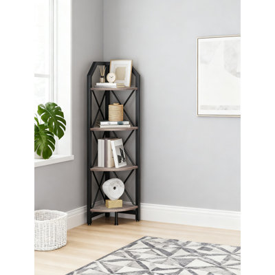 4-Tier Corner Shelf, Industrial Corner Bookshelf, 44 Lbs Per Shelf Capacity, Space-Saving Storage Stand For Living Room, Bedroom, Home Office