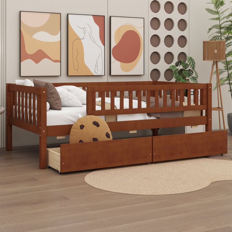 Lit de jour simple en bois avec deux tiroirs, Lit simple, Noyer