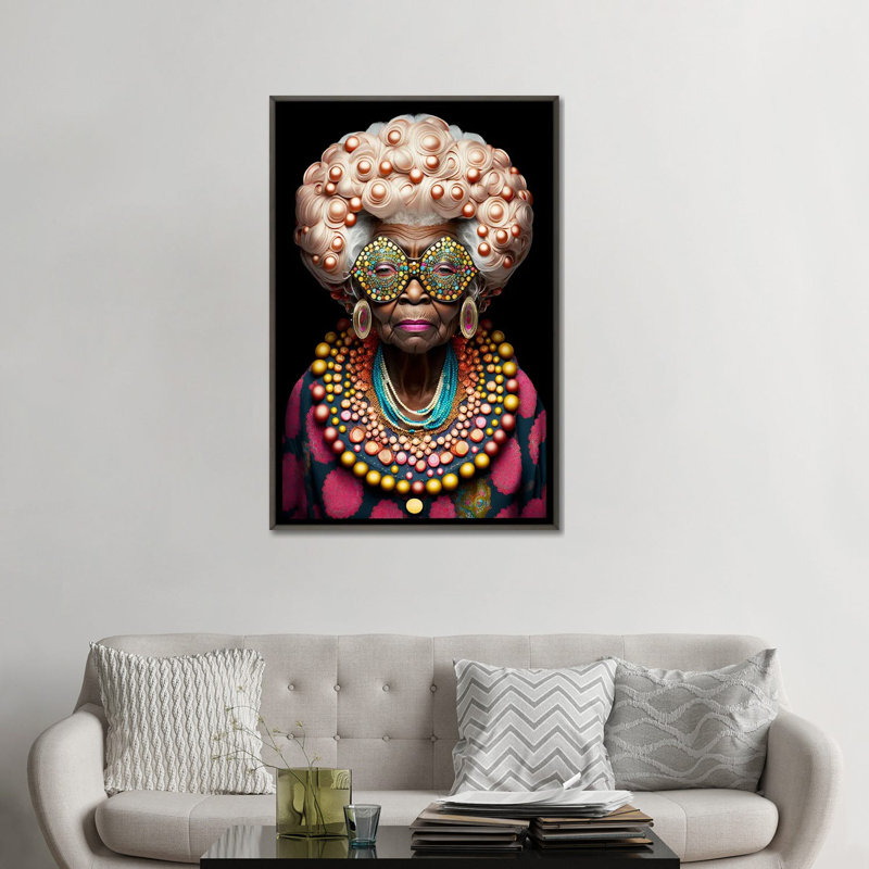 Afrofuturist Grandma I, Toile avec cadre flottant foncé en bois rustique, H 48 po x l 32 po x P 1,5 po