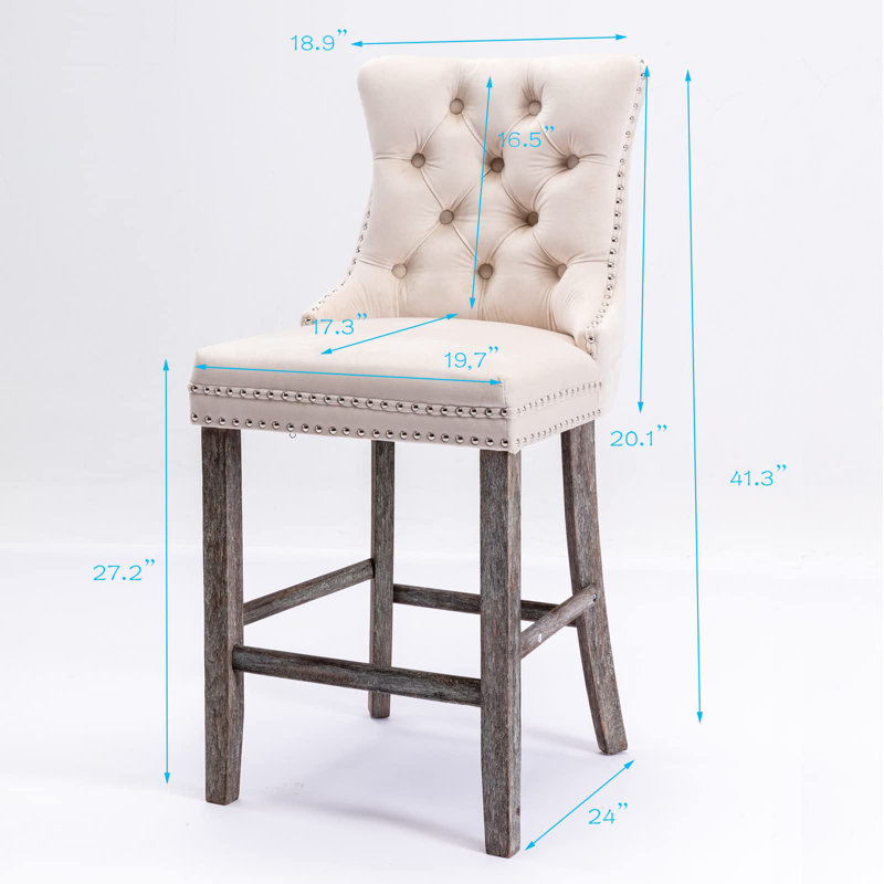 Tabouret de bar rembourré en velours avec dossier capitonné, 6, Brun, Beige