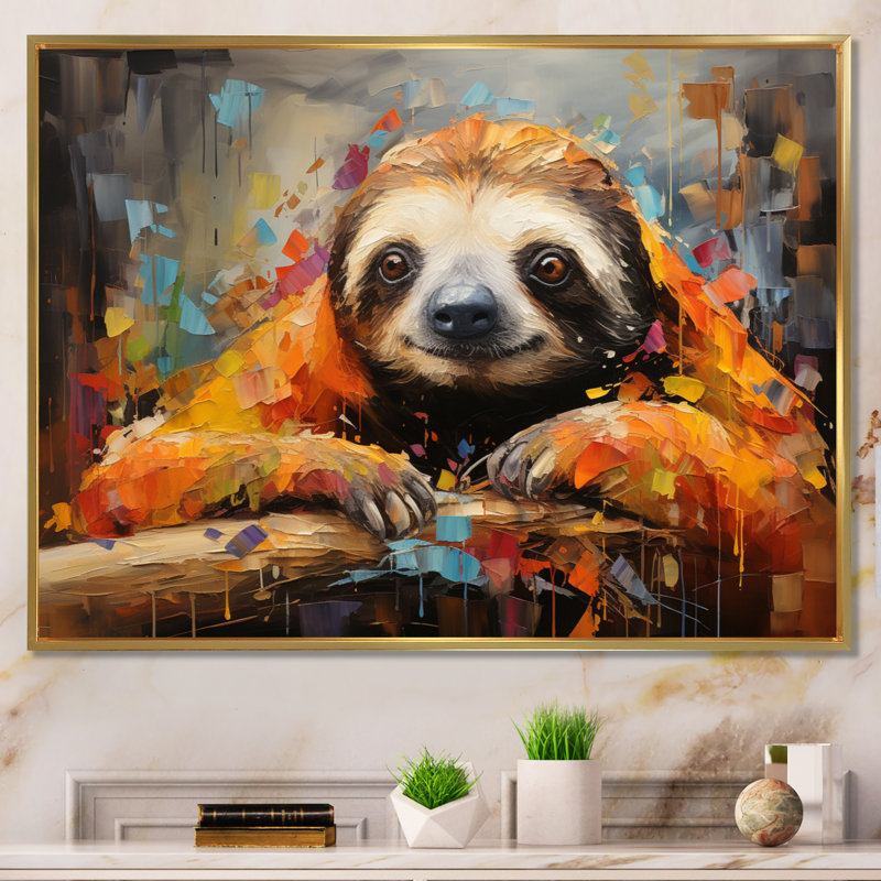 Collage paresseux endormi sur toile, H 34 po x l 44 po x P 1,5 po, Cadre flottant doré