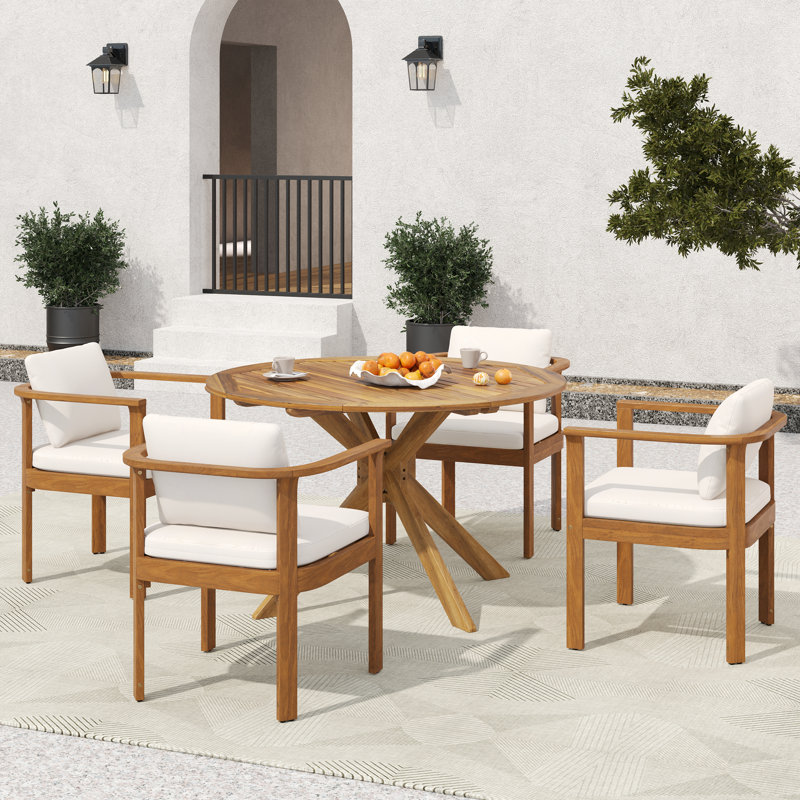 Delara  5-Piece Outdoor  Mid-Century Modern Acacia Wood Dining Set With Round Slat Table & Curved Armchairs Cushions