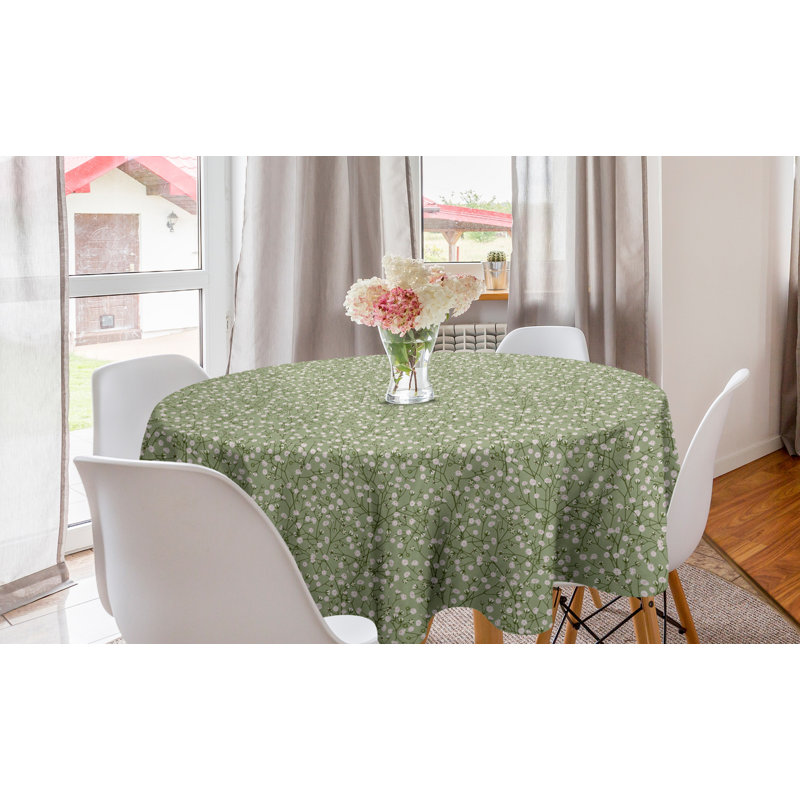 Nature Round Tablecloth, Botanical Illustration Soft Pink Spring Blossoms On Branches Pattern Floral Art, Circle Table Cloth Cover For Dining Room Kitchen Decoration, 60", Multicolor