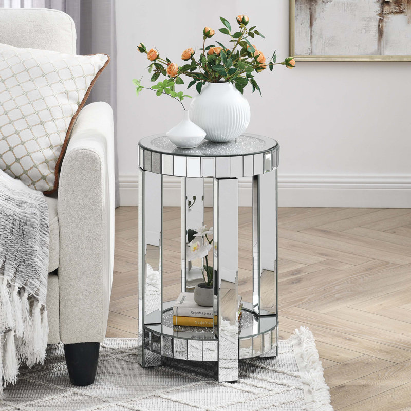 Mirror round table, 2-layer modern small sofa table with storage space, silver decorative table