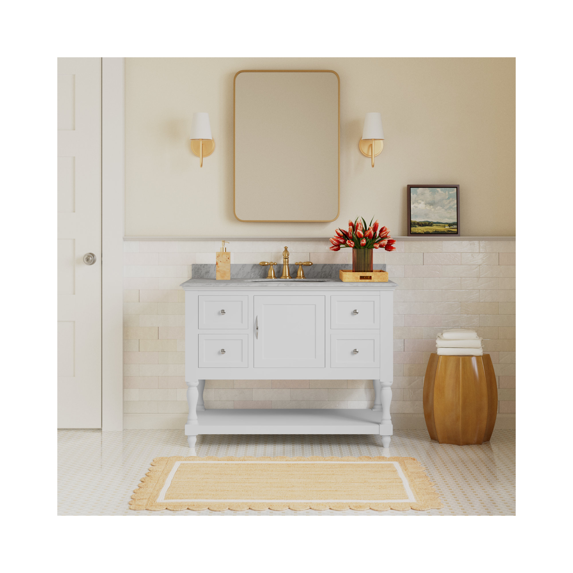 Hampton 42'' Single Bathroom Vanity, Carrara Marble, White