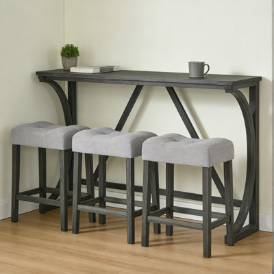 59" Multi-Purpose Bar Table Set with 3 Stools and Built-in Power Outlet, Solid Wood Sofa Table for Kitchen, Living Room, Dining Area