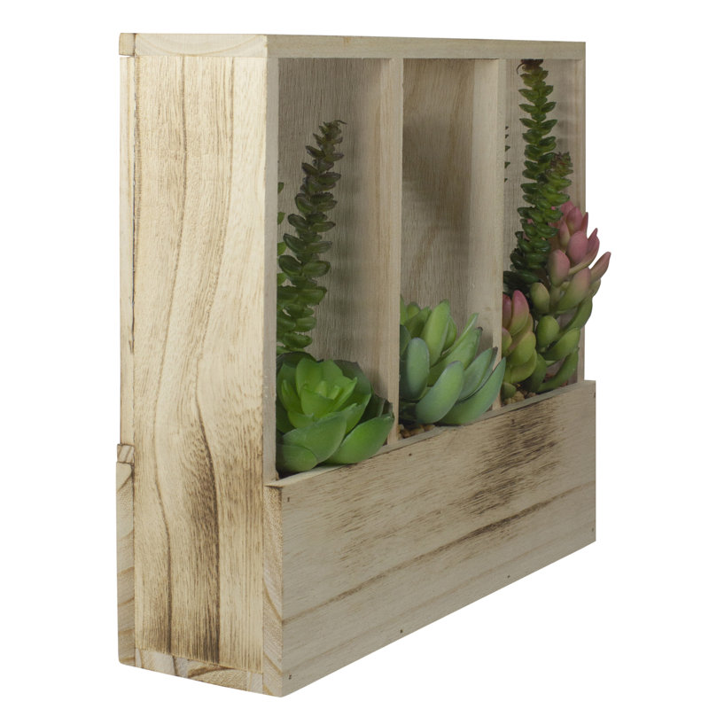 11" Artificial Mixed Succulent Arrangement In A Wooden Planter Box