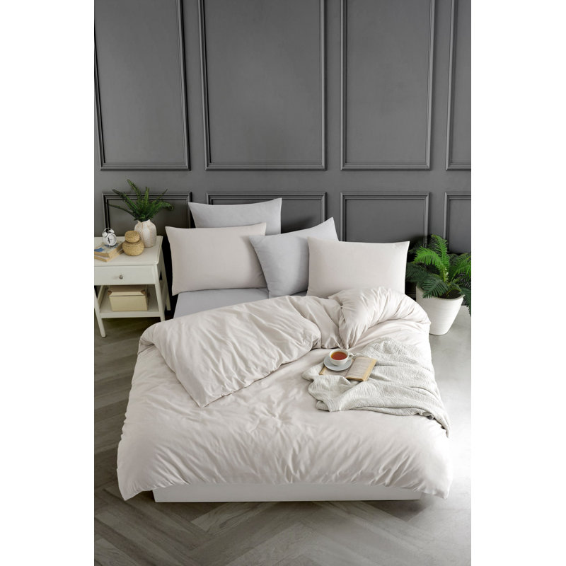 Beige Single Quilt Cover Set, 100% Cotton & Polyester Blend, 55.1 x 78.7 inches Duvet Cover & 23.6 x 23.6 inches Pillowcase | Machine Washable, Pigment Printed, Button Closure | Soft, Stylish Bedding for Comfort