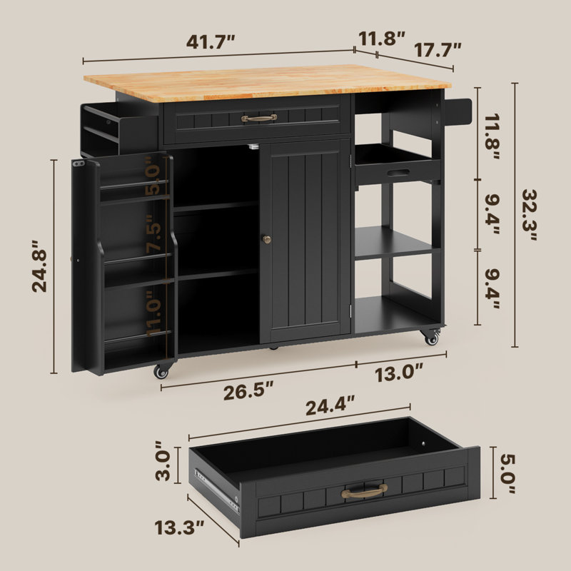 41.7" Rolling Wood Kitchen Island Cart, Black