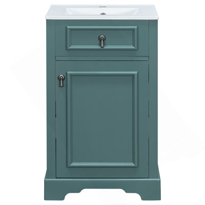 Meuble-lavabo de 20 pouces avec lavabo en céramique, porte à fermeture douce, tablette réglable et support de rangement fixé à la porte - idéal pour les petites salles de bain