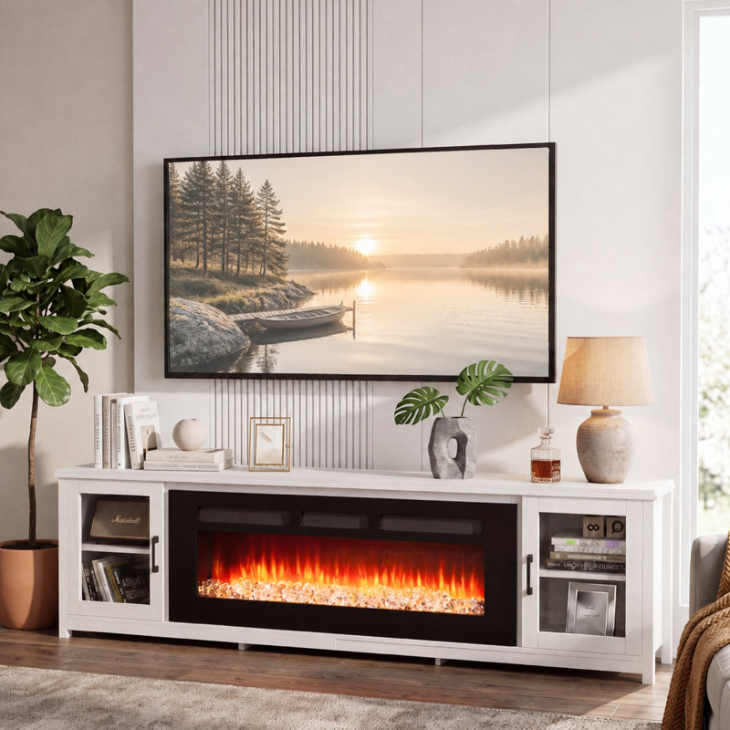80" TV Stand For Tvs Up To 90" With Electric Fireplace Included, White